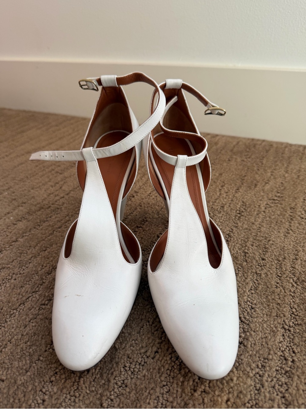Celine White T-Strap Leather Heels